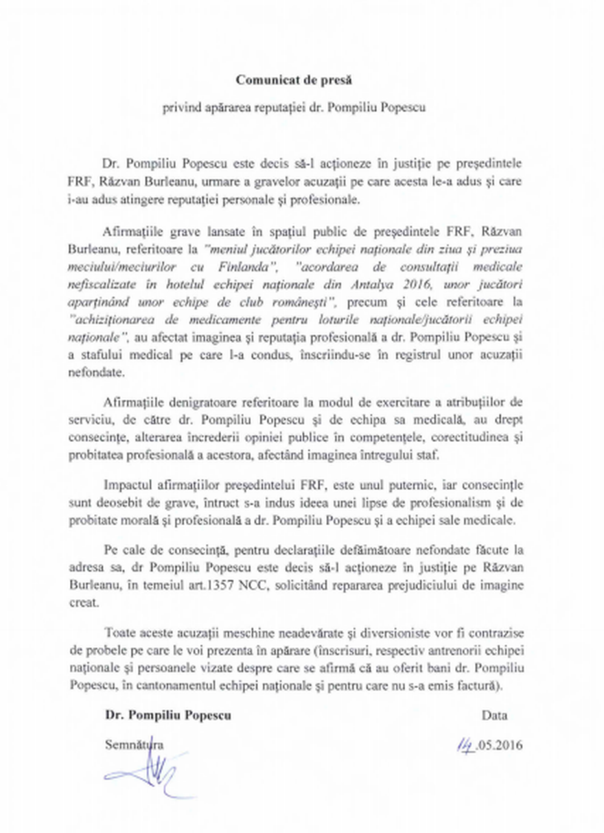 Pompiliu Popescu îl dă în judecată pe Burleanu! Ce l-a deranjat pe fostul medic al echipei naționale