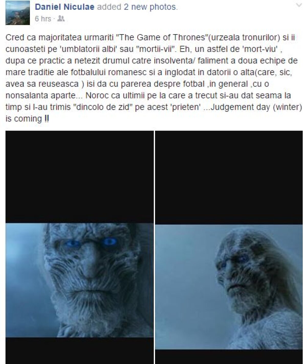 Dinu Gheorghe, desființat de Daniel Niculae pe Facebook, la miezul nopții: "Winter is coming"