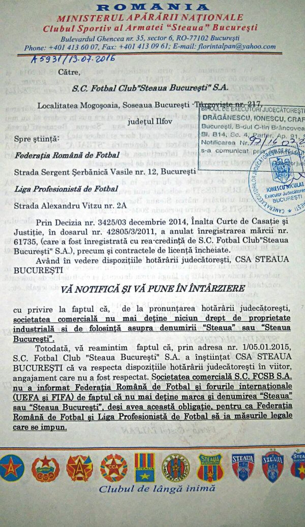 FOTO CSA Steaua a prezentat actele care-l obligă pe Becali să plătească peste 36 de milioane de euro în 30 de zile