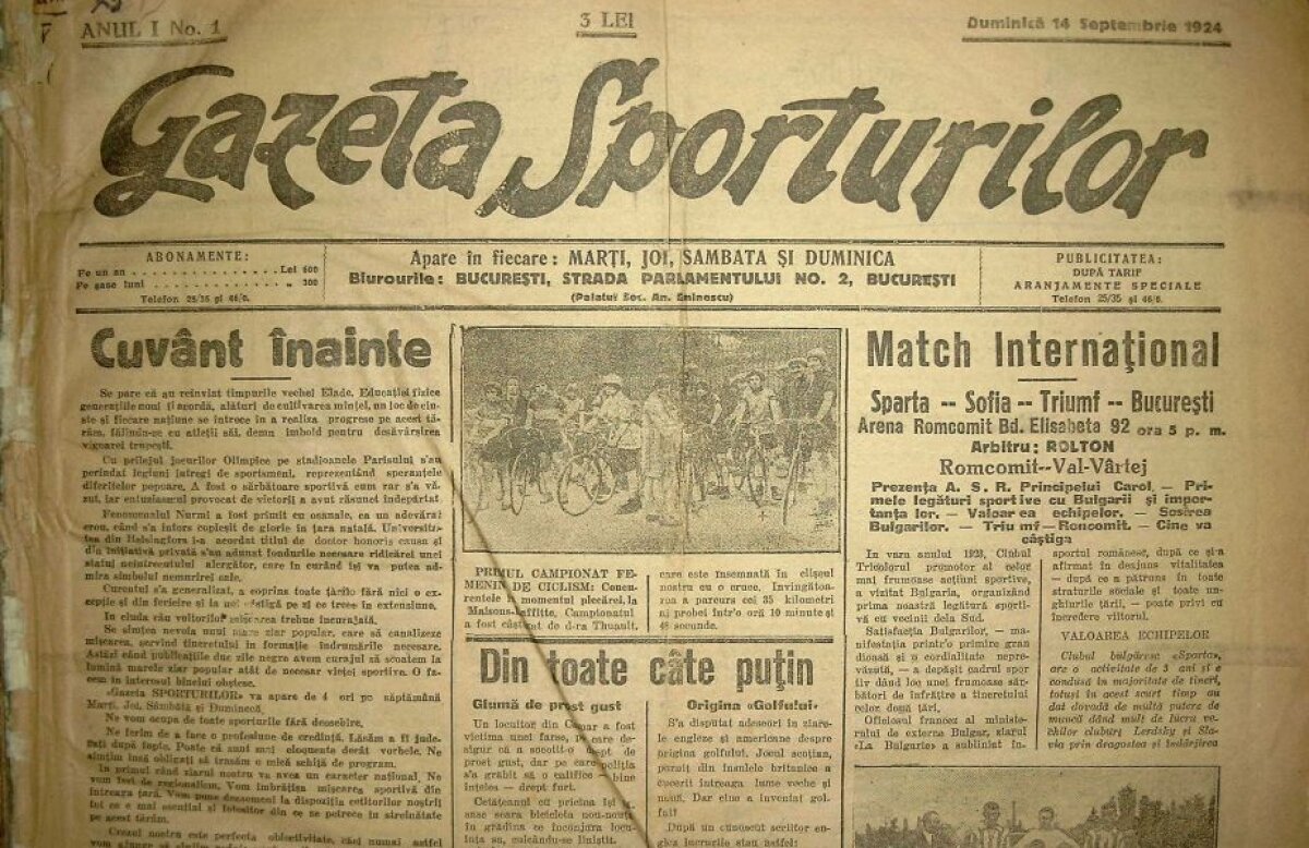 92 de ani de Gazetă » Primul număr a apărut la câteva luni după prima medalie la Jocurile Olimpice: costa 3 lei și avea 6 pagini