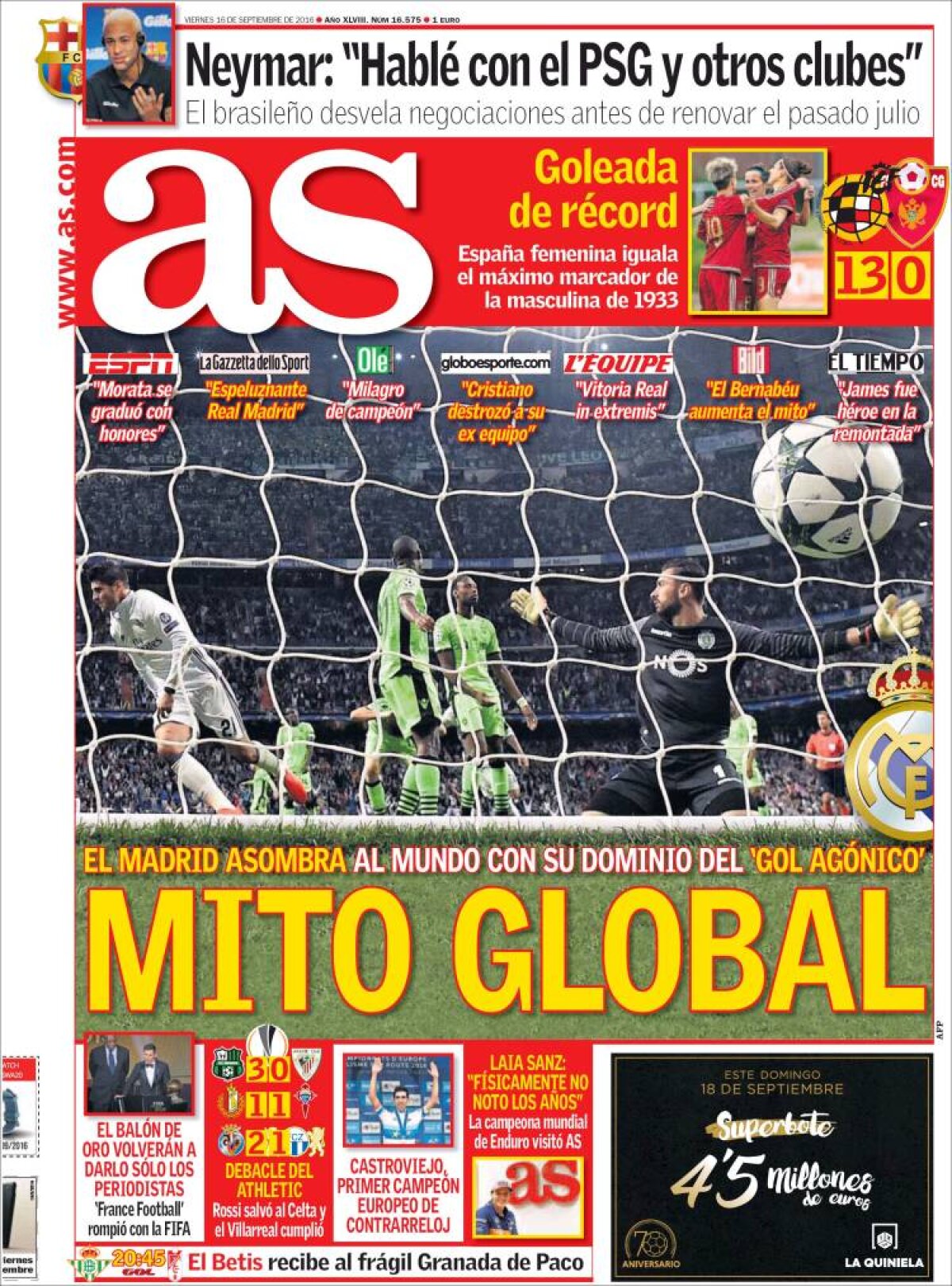 Ce scriu azi ziarele de sport din lume (16 septembrie 2016)