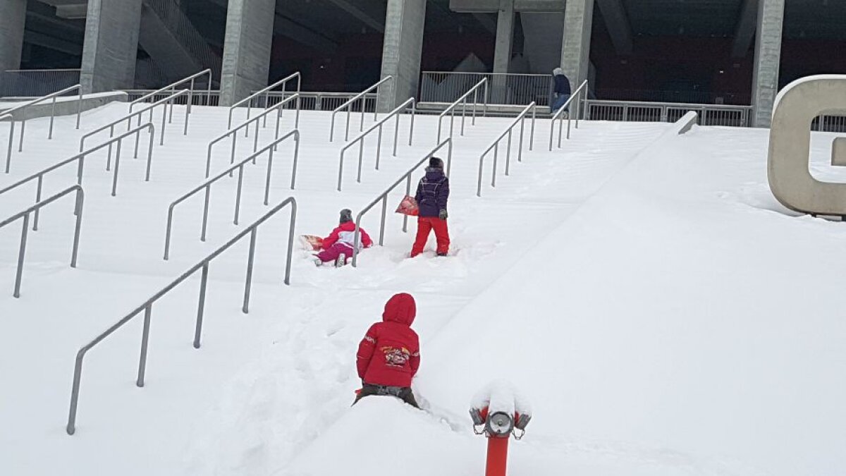 EXCLUSIV VIDEO+FOTO "Sunt copii. Cu multe sănii, De pe coastă vin ţipând" :D » Arena Națională, ca-n "Iarna pe uliță": cel mai scump stadion al țării a devenit pârtie de săniuș! Imagini antologice surprinse azi pe arenele din Capitală