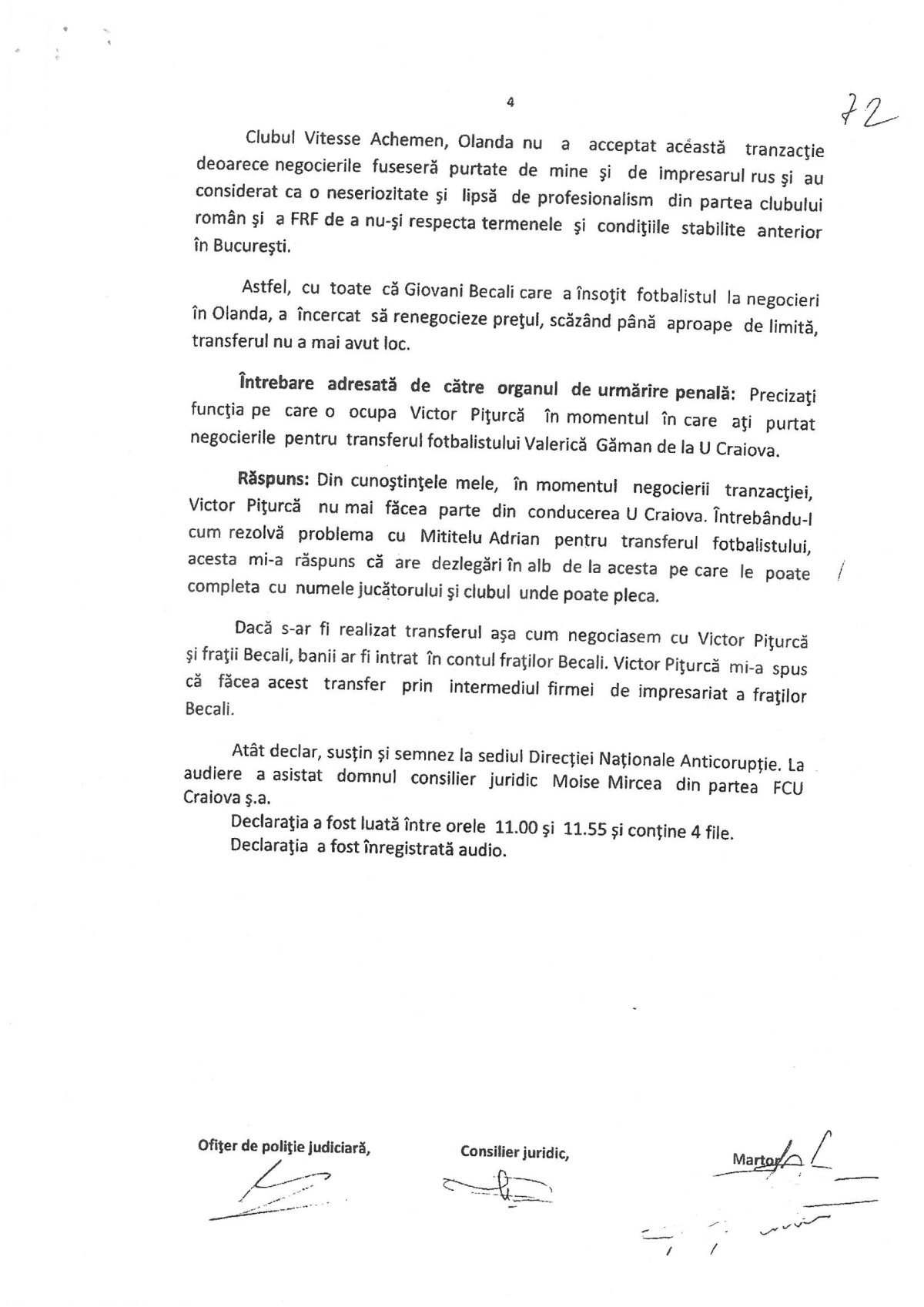 FOTO FACSIMIL Pițurcă, pârât la DNA - Declarațiile unui martor în fața procurorilor: ”Mi-a spus să plecăm liniștiți, că are el relații la FRF”