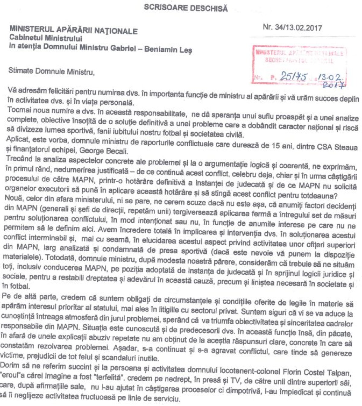 Mesajul neașteptat al lui Belodedici: "Îl susțin pe Talpan în toate demersurile! Cer să fie pus la conducerea CSA" » Scrisoare către MApN