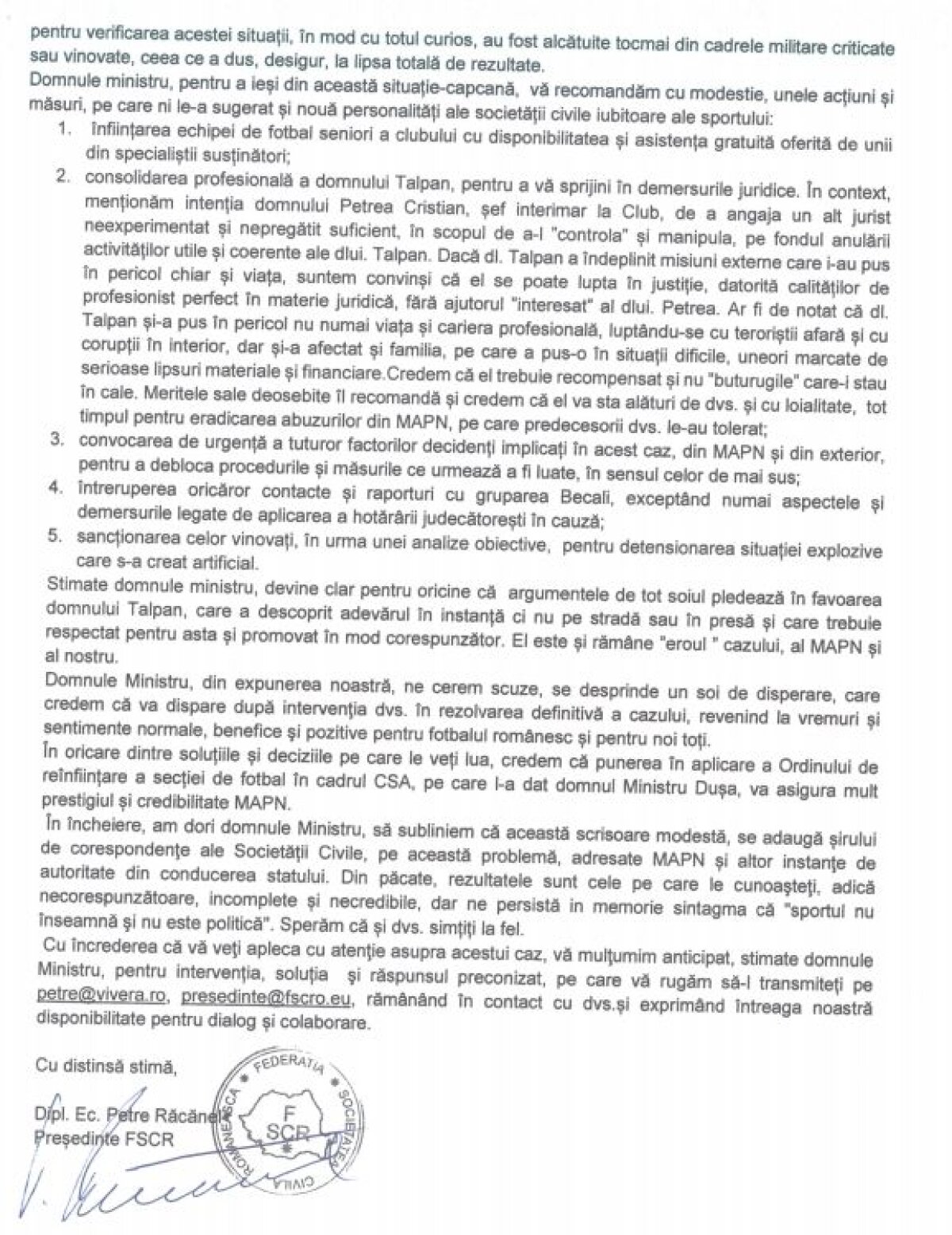 Mesajul neașteptat al lui Belodedici: "Îl susțin pe Talpan în toate demersurile! Cer să fie pus la conducerea CSA" » Scrisoare către MApN