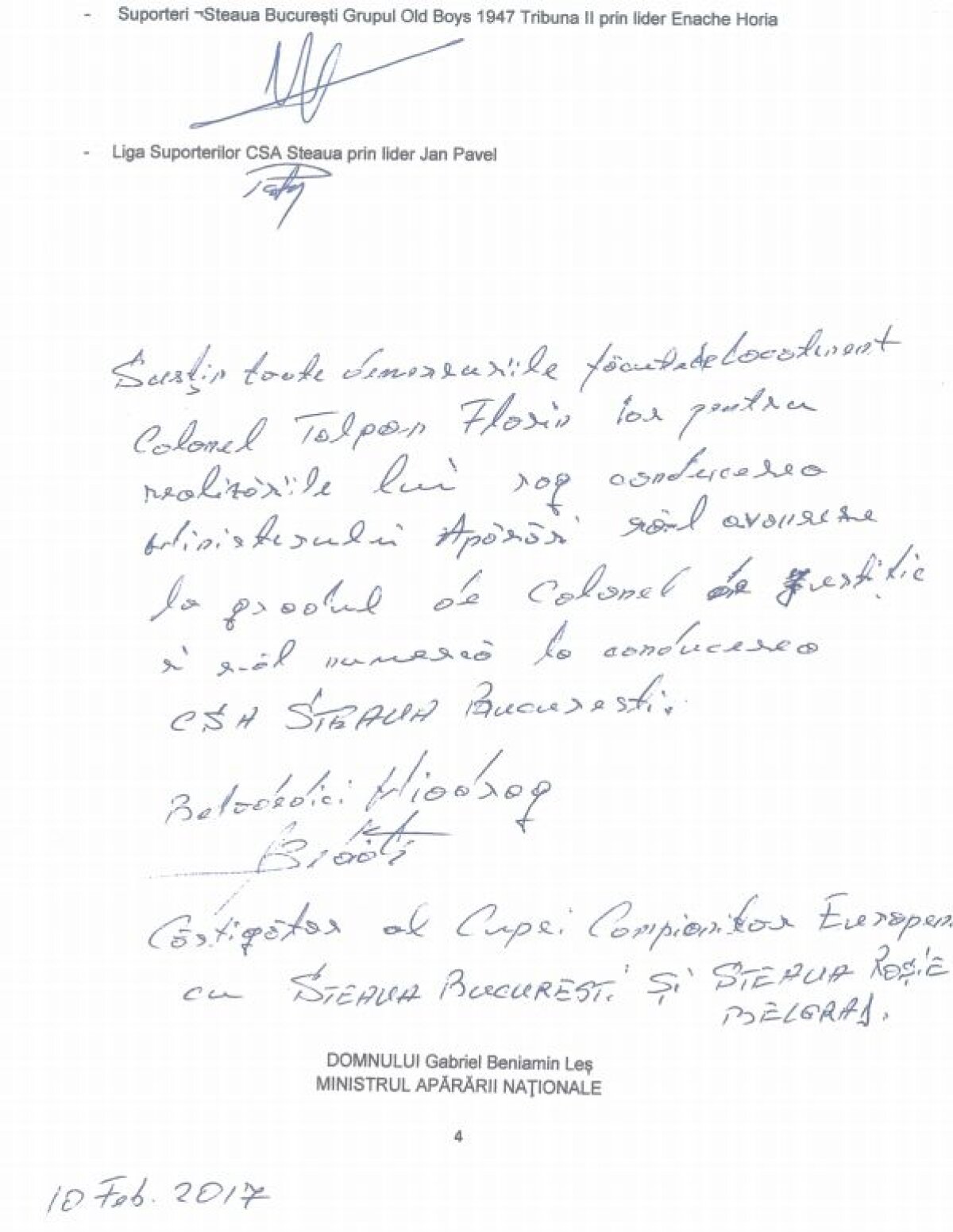 Mesajul neașteptat al lui Belodedici: "Îl susțin pe Talpan în toate demersurile! Cer să fie pus la conducerea CSA" » Scrisoare către MApN
