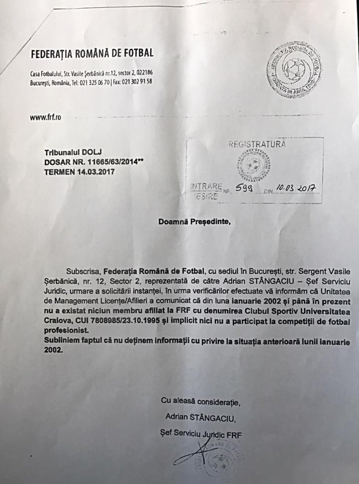 FOTO Șoc în Bănie! Răspunsuri oficiale de la FRF: "Nu există vreo echipă afiliată cu numele Clubul Sportiv Universitatea Craiova!"