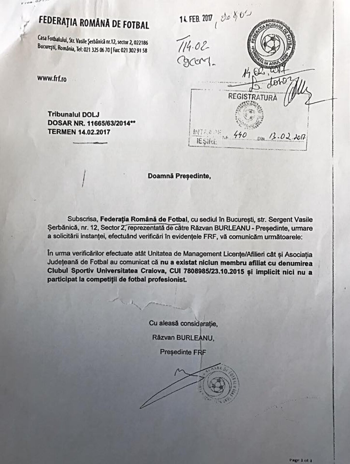 FOTO Șoc în Bănie! Răspunsuri oficiale de la FRF: "Nu există vreo echipă afiliată cu numele Clubul Sportiv Universitatea Craiova!"