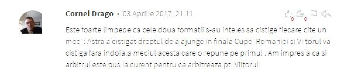 Internetul a luat foc » Avalanșă de comentarii acide după Astra - Viitorul 1-2: "Un blat ordinar, reciprocitate Cupă-campionat!"