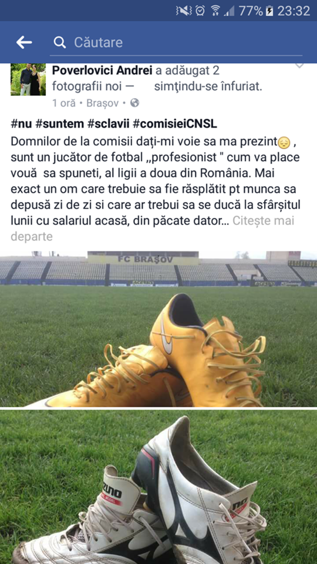 FOTO Un fotbalist român și-a strigat frustrarea pe Facebook: "Nu suntem sclavii CNSL. Ăsta e un fotbal murdar"