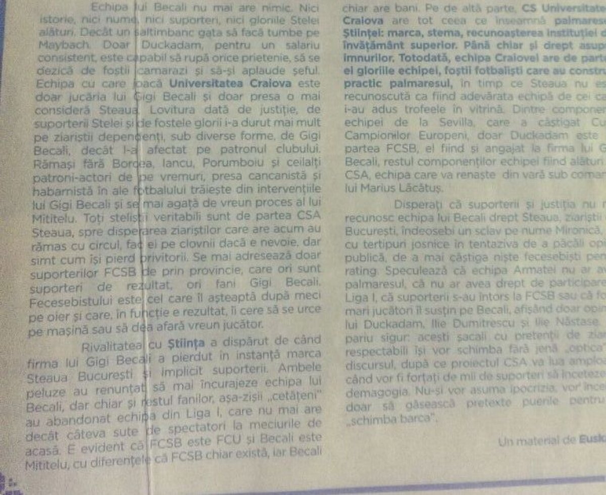 FOTO Tocmai ei râd de FCSB! » Șefii lui CS U, echipă suspectată că e clonă, i-au declarat război echipei lui Becali înaintea meciului: "Fecesebistul, o specie scârboasă, pe cale de consacrare"