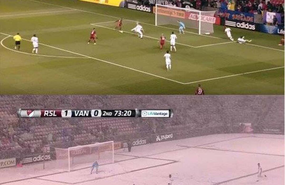 VIDEO Un meci cât două anotimpuri » Imagini de necrezut la un meci din MLS: vreme perfectă într-o repriză, iarnă în partea secundă!