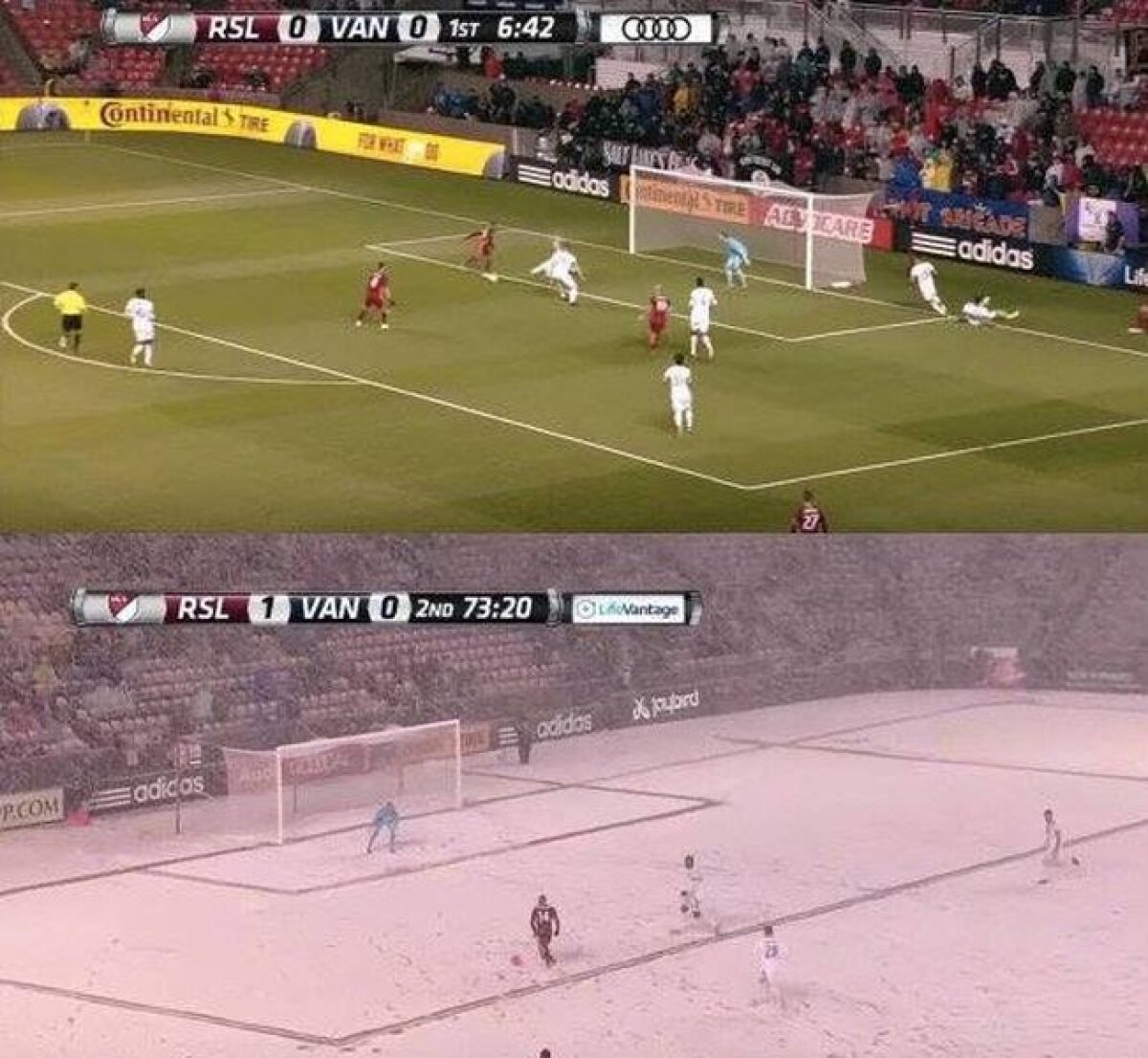 VIDEO Un meci cât două anotimpuri » Imagini de necrezut la un meci din MLS: vreme perfectă într-o repriză, iarnă în partea secundă!