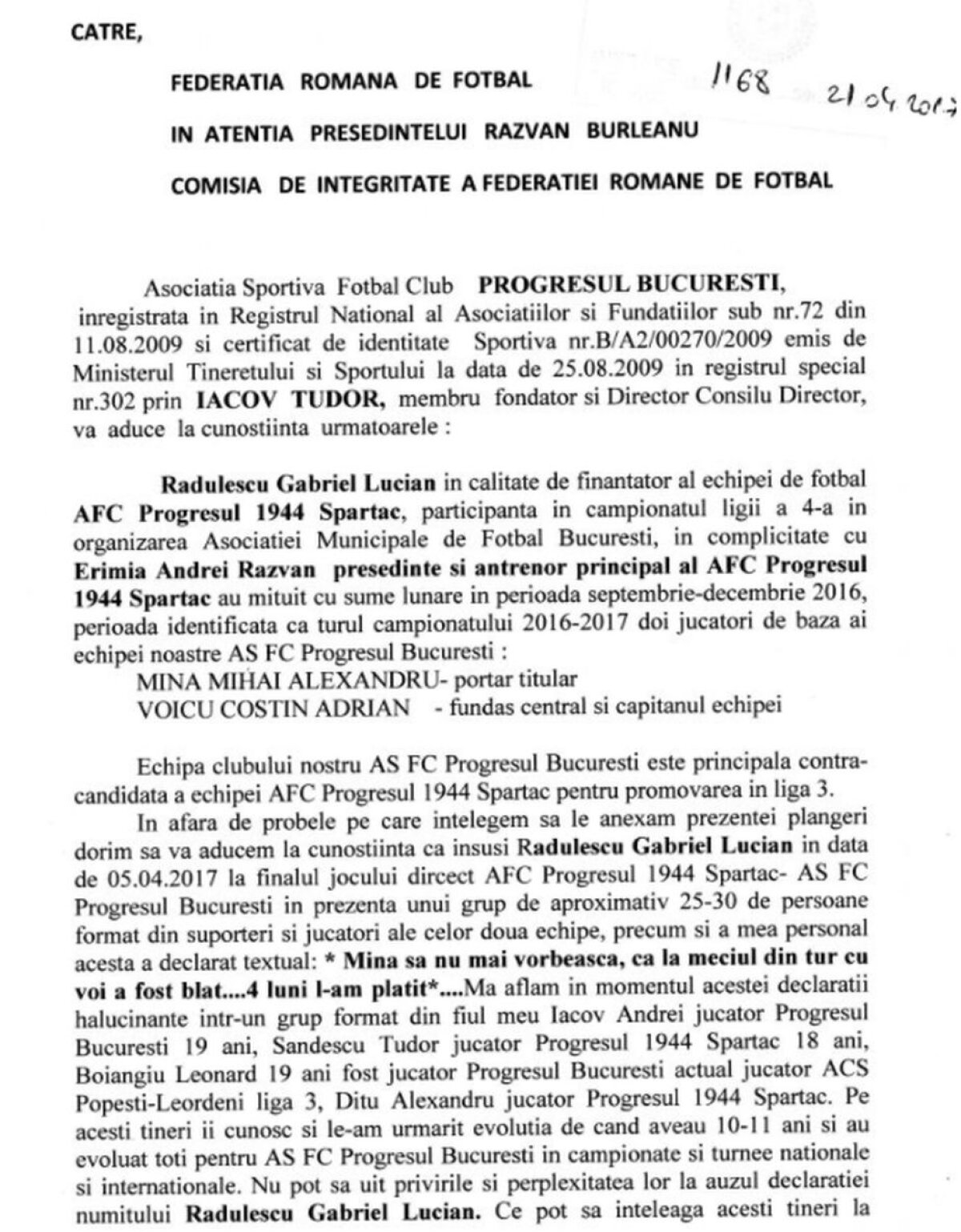 FOTO Acuze grave în fotbalul românesc! Un club își acuză rivală că a mituit doi jucători!