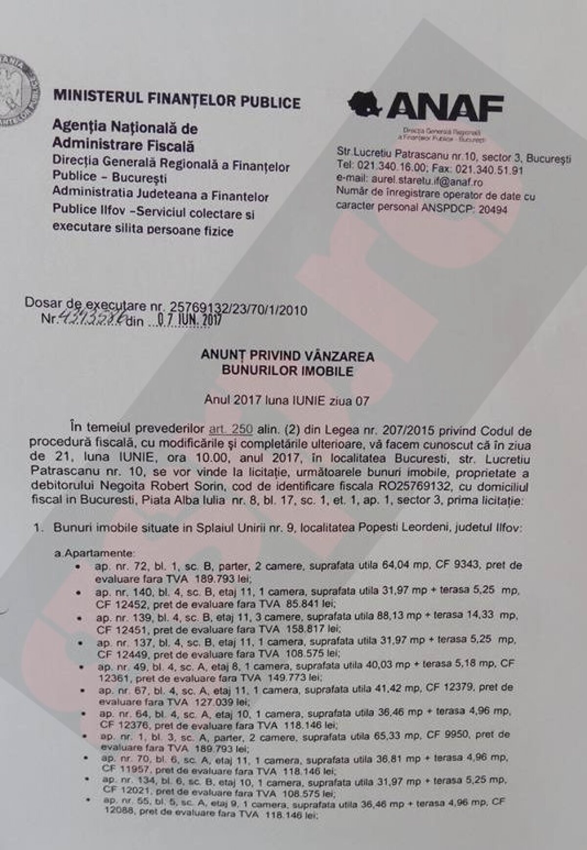 Probleme pentru Robert Negoiță, fratele patronului de la Dinamo! Fiscul îi scoate la licitație zeci de apartamente și terenuri » EXCLUSIV Documentele de la ANAF