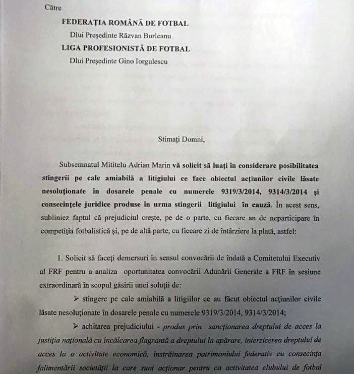 FOTO Iată ce conține OFERTA DE PACE a lui Mititelu pentru FRF și LPF » 4 cerințe pentru a renunța la procesul "Dezafilierea"
