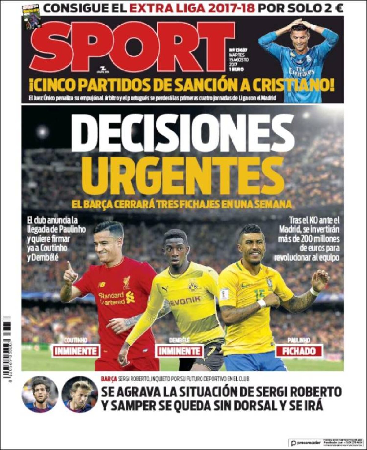 Ce scriu azi ziarele de sport din lume (15 august 2017)