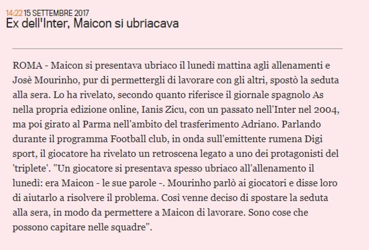 Un fotbalist român face senzație în presa internațională cu o declarație-șoc: "Mourinho a mutat antrenamentul seara pentru că Maicon venea mereu beat lunea dimineața"