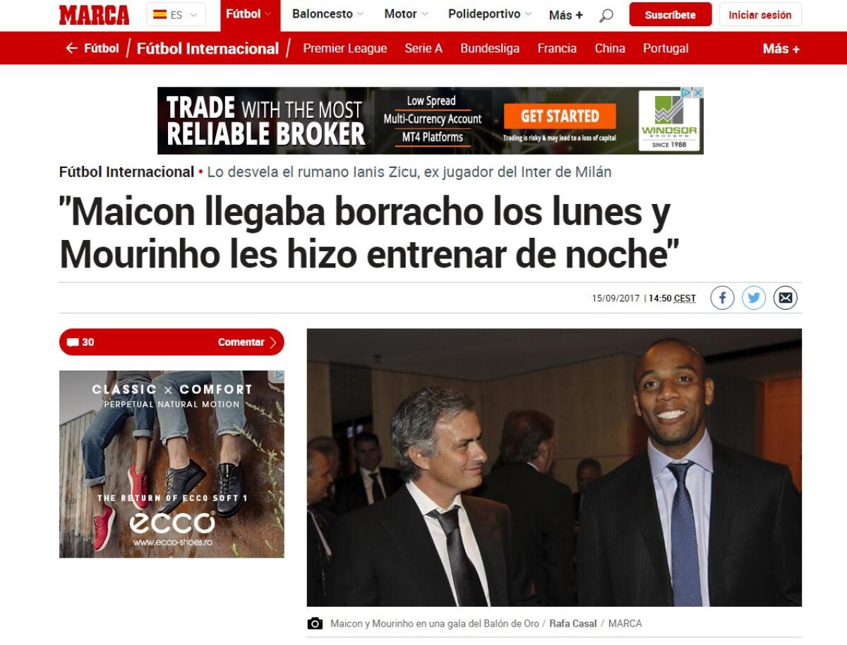 Un fotbalist român face senzație în presa internațională cu o declarație-șoc: "Mourinho a mutat antrenamentul seara pentru că Maicon venea mereu beat lunea dimineața"