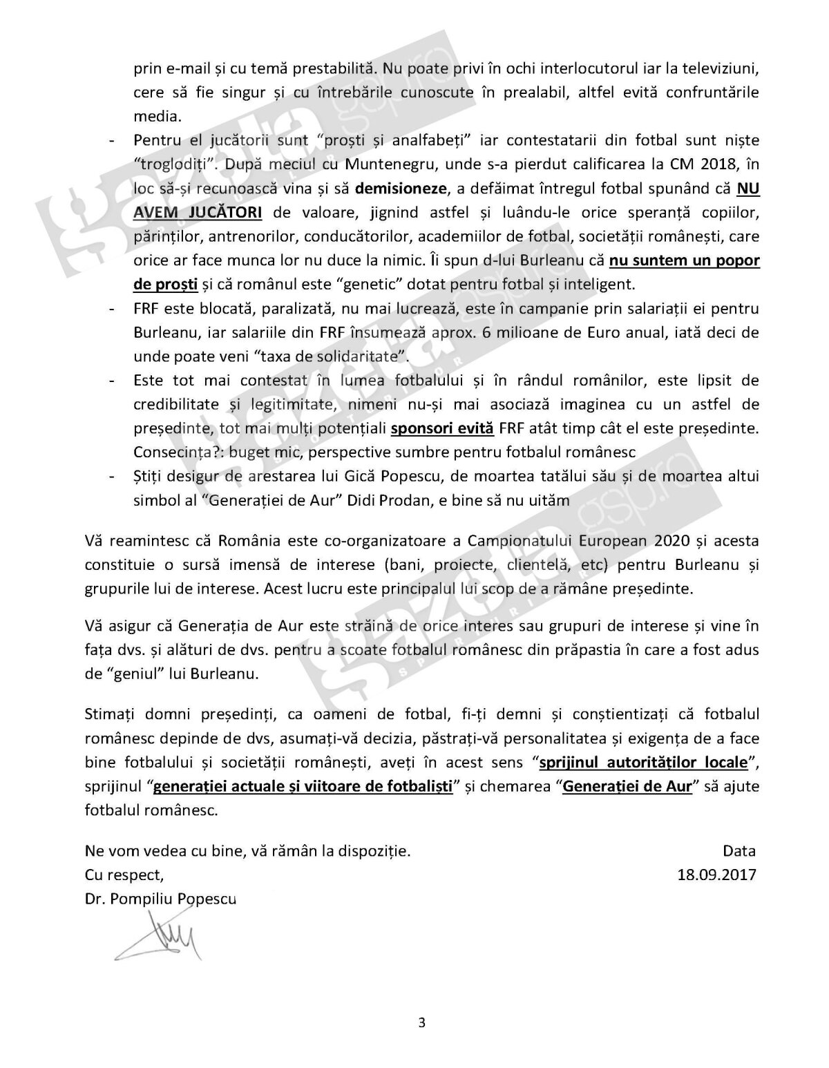 FOTO EXCLUSIV Atac împotriva președintelui FRF, într-o scrisoare trimisă membrilor Adunării Generale: "Fotbalul trebuie scos din prăpastia adusă de Burleanu"