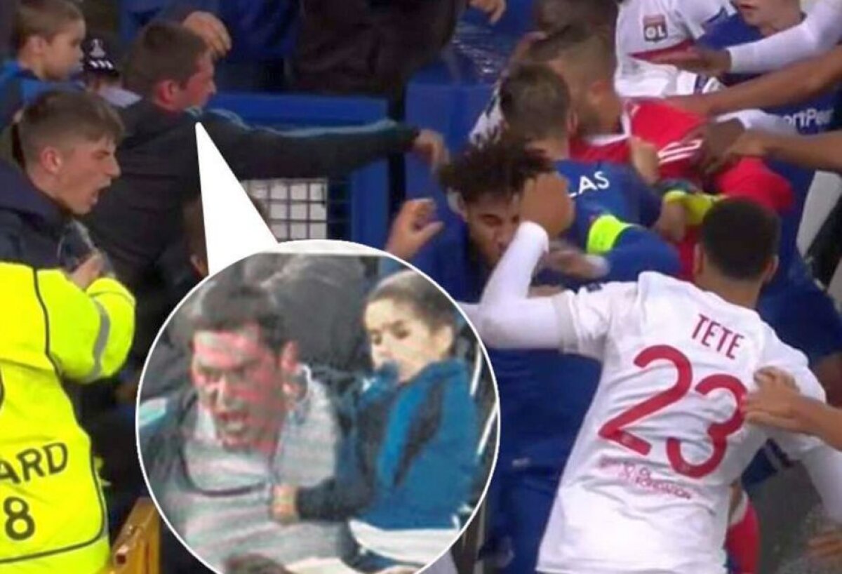 VIDEO+FOTO Șocant! Un fan al lui Everton cu copilul în brațe a lovit în cap portarul de la Lyon în bătaia dintre jucători!