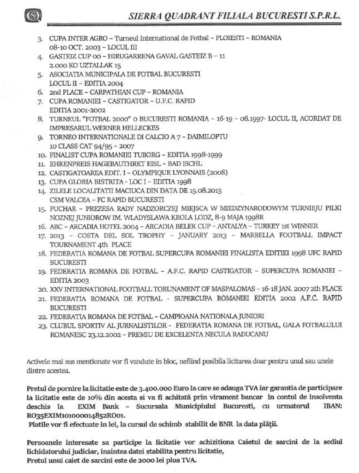 FOTO Lichidatorul Rapidului a anunțat ce va scoate la licitația cu prețul de pornire de 3,4 milioane de euro