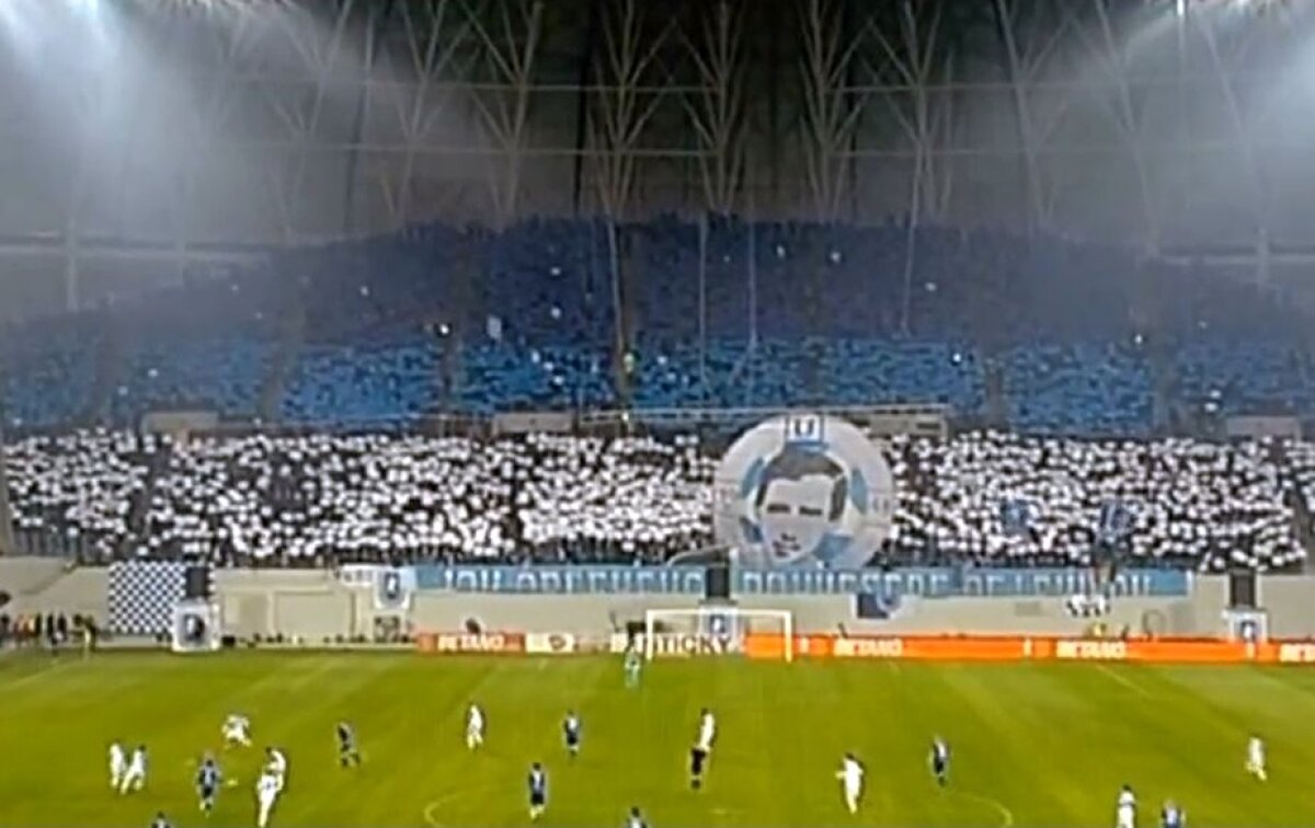 GALERIE FOTO IMPRESIONANTĂ » Coregrafie 3D realizată de olteni la meciul cu Slavia Praga: "Ion Oblemenco, Dumnezeul oltenilor"