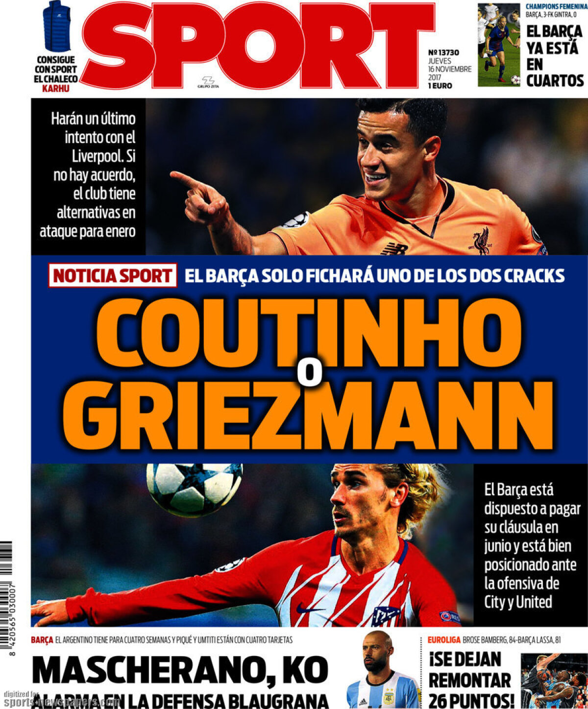 Ce scriu azi ziarele de sport din lume (16 noiembrie 2017)