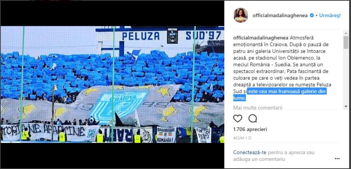 GALERIE FOTO Mădălina Ghenea a rămas fidelă: "Peluza Sud '97 Craiova, cea mai frumoasă galerie din lume!"