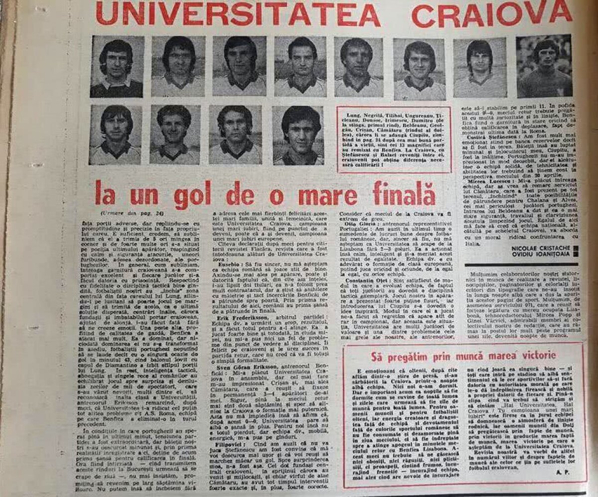 FOTO 35 de ani de la semifinala Benfica - Universitatea Craiova » Ce scriau Ioanițoaia și Păunescu în "magnifica noapte de aprilie"