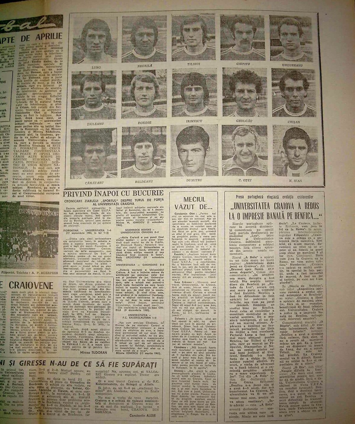 FOTO 35 de ani de la semifinala Benfica - Universitatea Craiova » Ce scriau Ioanițoaia și Păunescu în "magnifica noapte de aprilie"