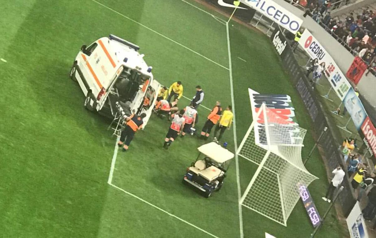 VIDEO + FOTO Ciocnire violentă în finalul primei reprize la FCSB - Craiova! Ambulanța a intervenit de urgență! Se impunea cartonașul roșu?