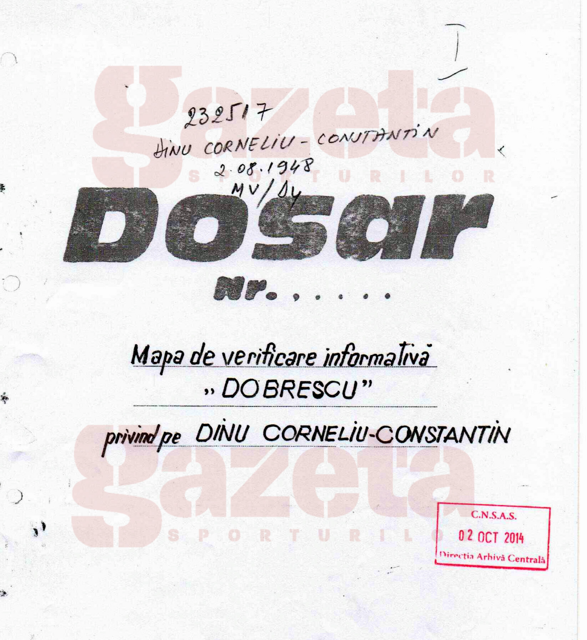 EXCLUSIV // GSP publică o parte din dosarul de Securitate al lui Cornel Dinu » Nume de cod "Dobrescu"