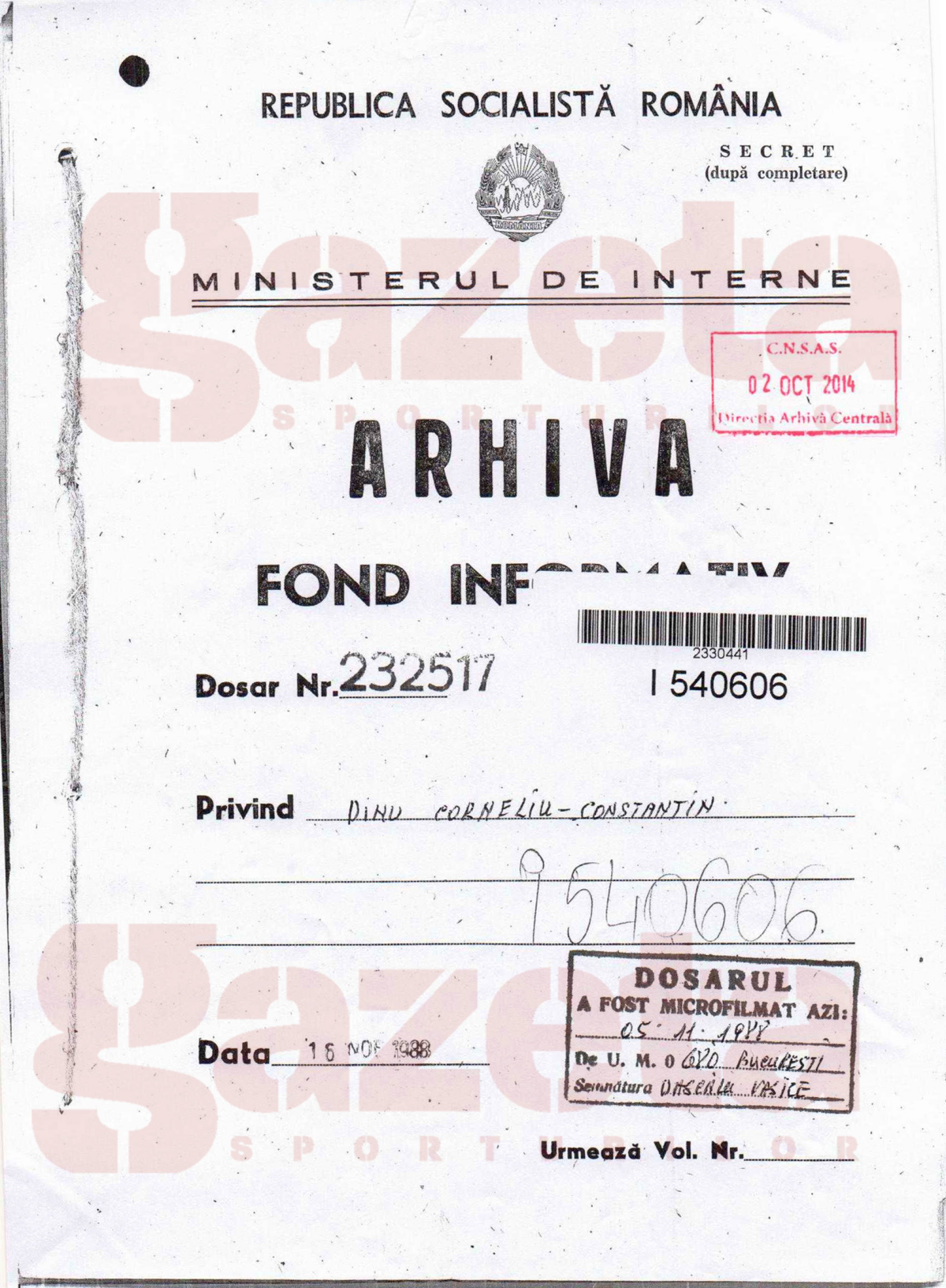 EXCLUSIV // GSP publică o parte din dosarul de Securitate al lui Cornel Dinu » Nume de cod "Dobrescu"
