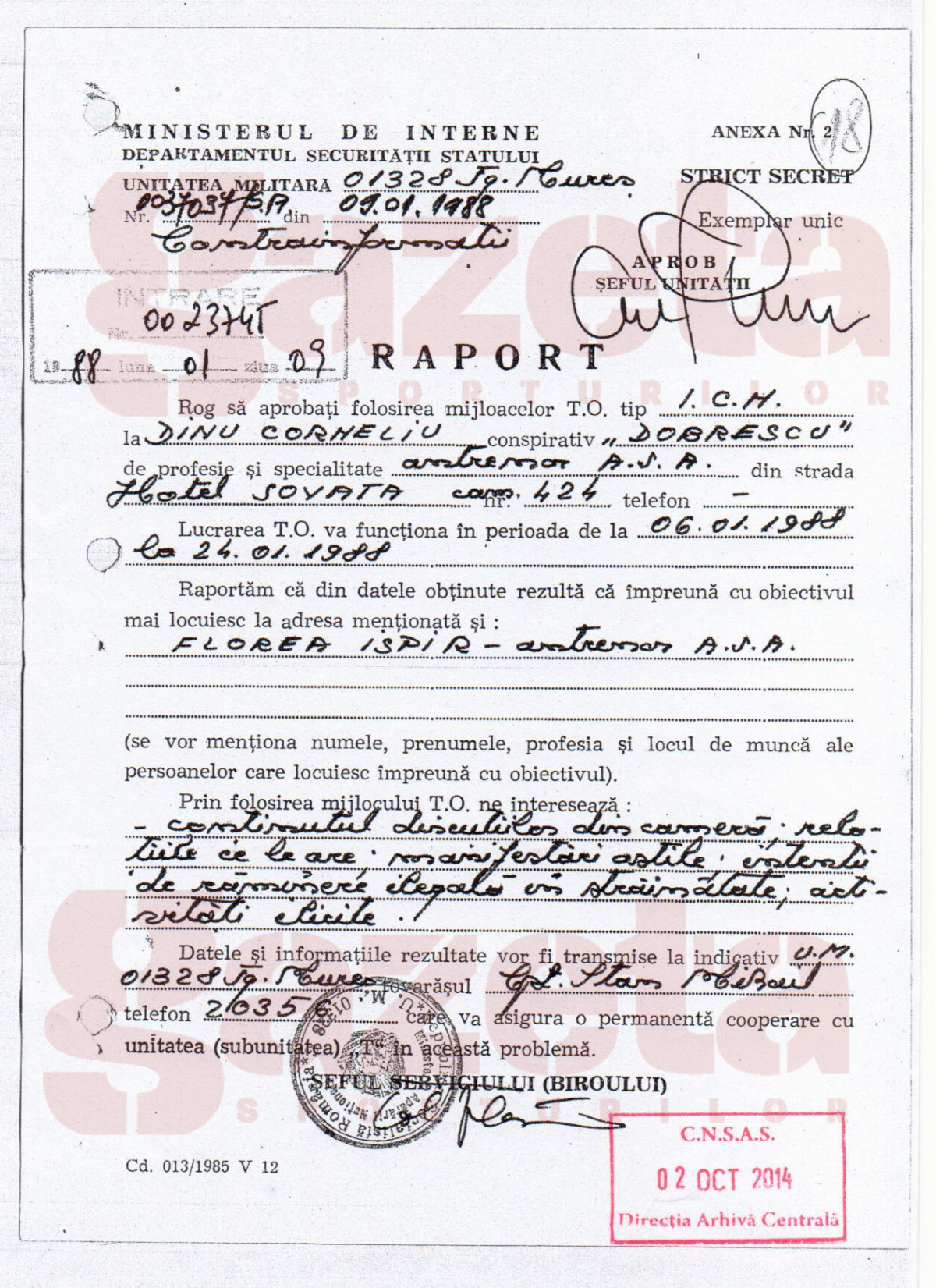 EXCLUSIV // GSP publică o parte din dosarul de Securitate al lui Cornel Dinu » Nume de cod "Dobrescu"