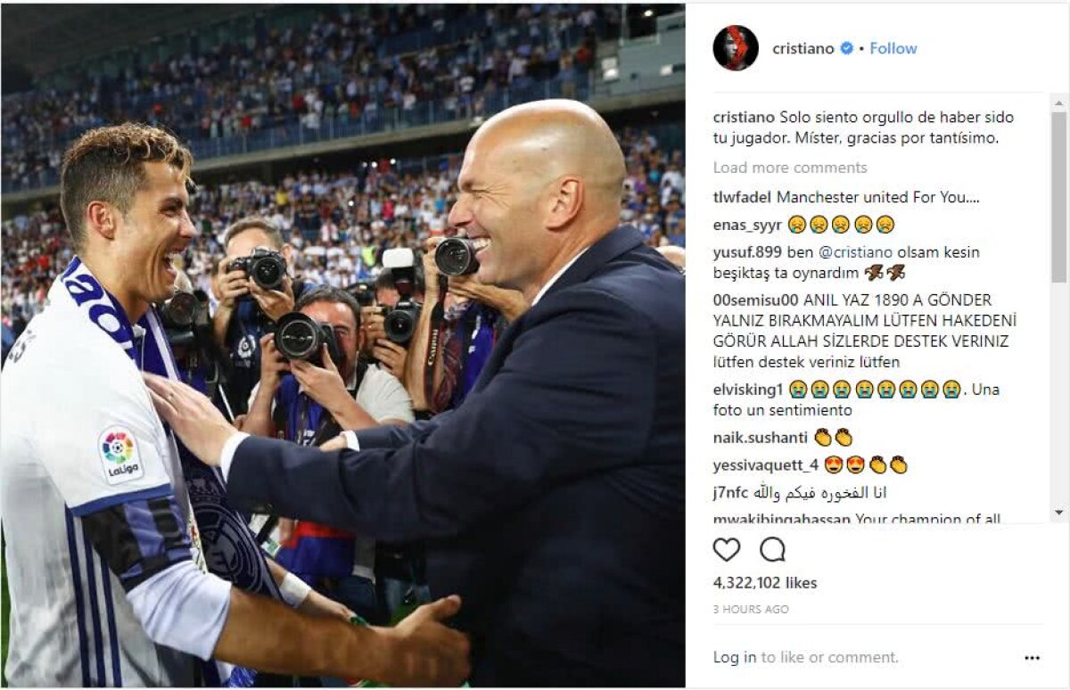 FOTO Cuvinte emoționante ale fotbaliștilor lui Real la despărțirea de Zidane » Mesajul lui Cristiano Ronaldo