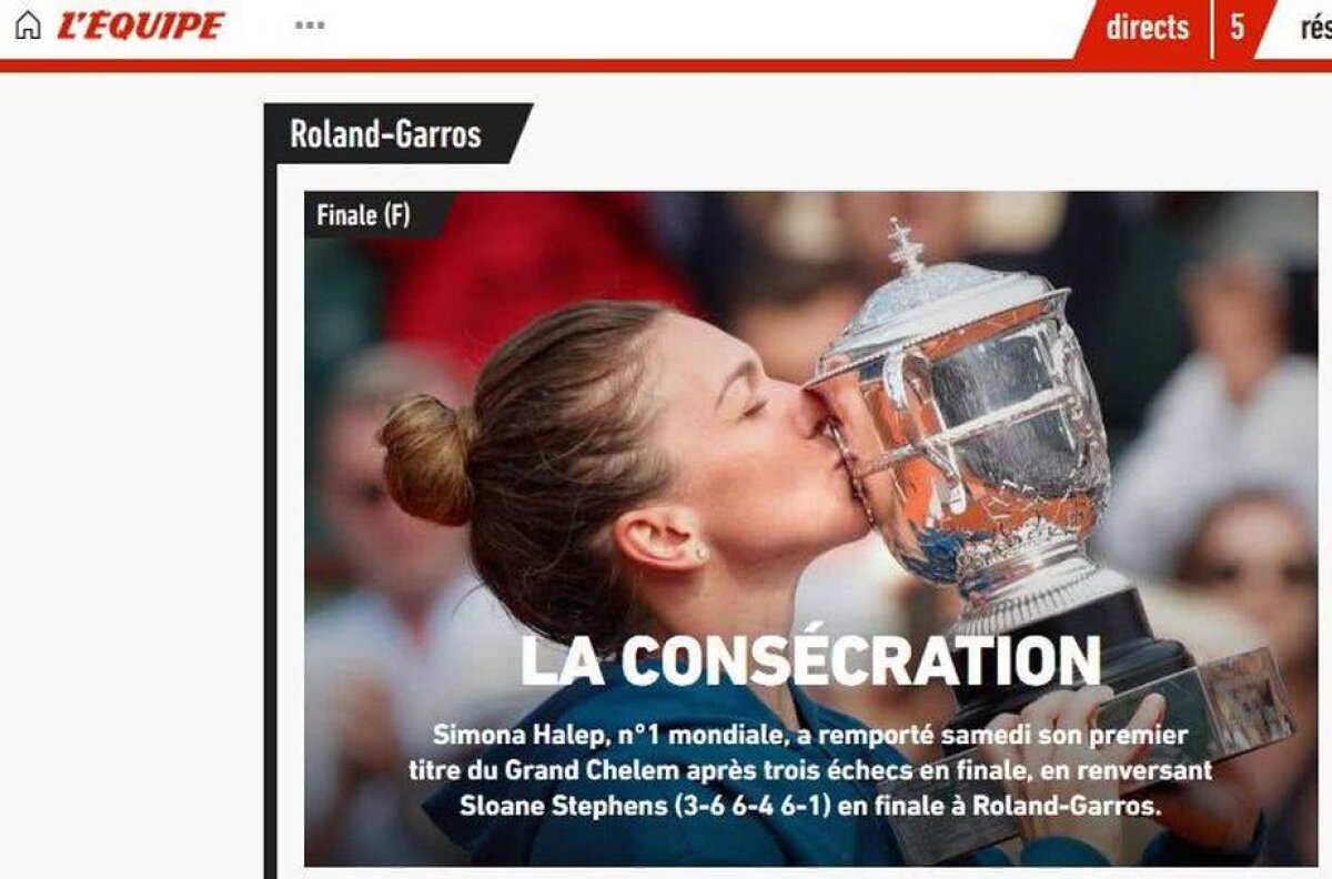 SIMONA HALEP A CÂȘTIGAT ROLAND GARROS //  Presa internațională, la picioarele Simonei Halep: "În Paris, «Orașul Iubirii», Simona a fost în sfârșit mireasă"
