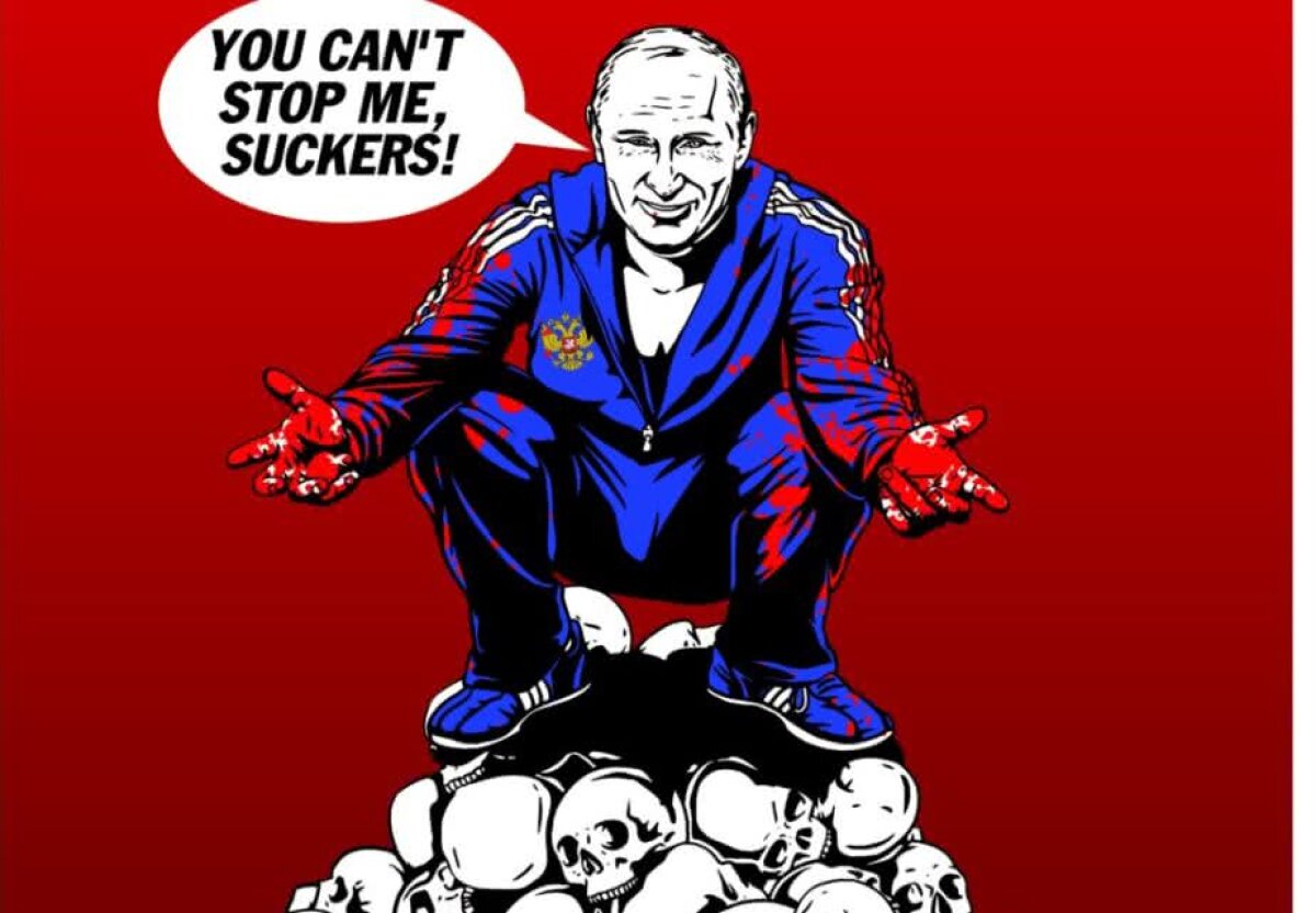 GALERIE FOTO "Fotbal înecat în sânge" » Imaginile dure create de un artist despre crimele regimului lui Vladimir Putin: "Nu vă uitați la Mondial, acoperă un regim terorist" 