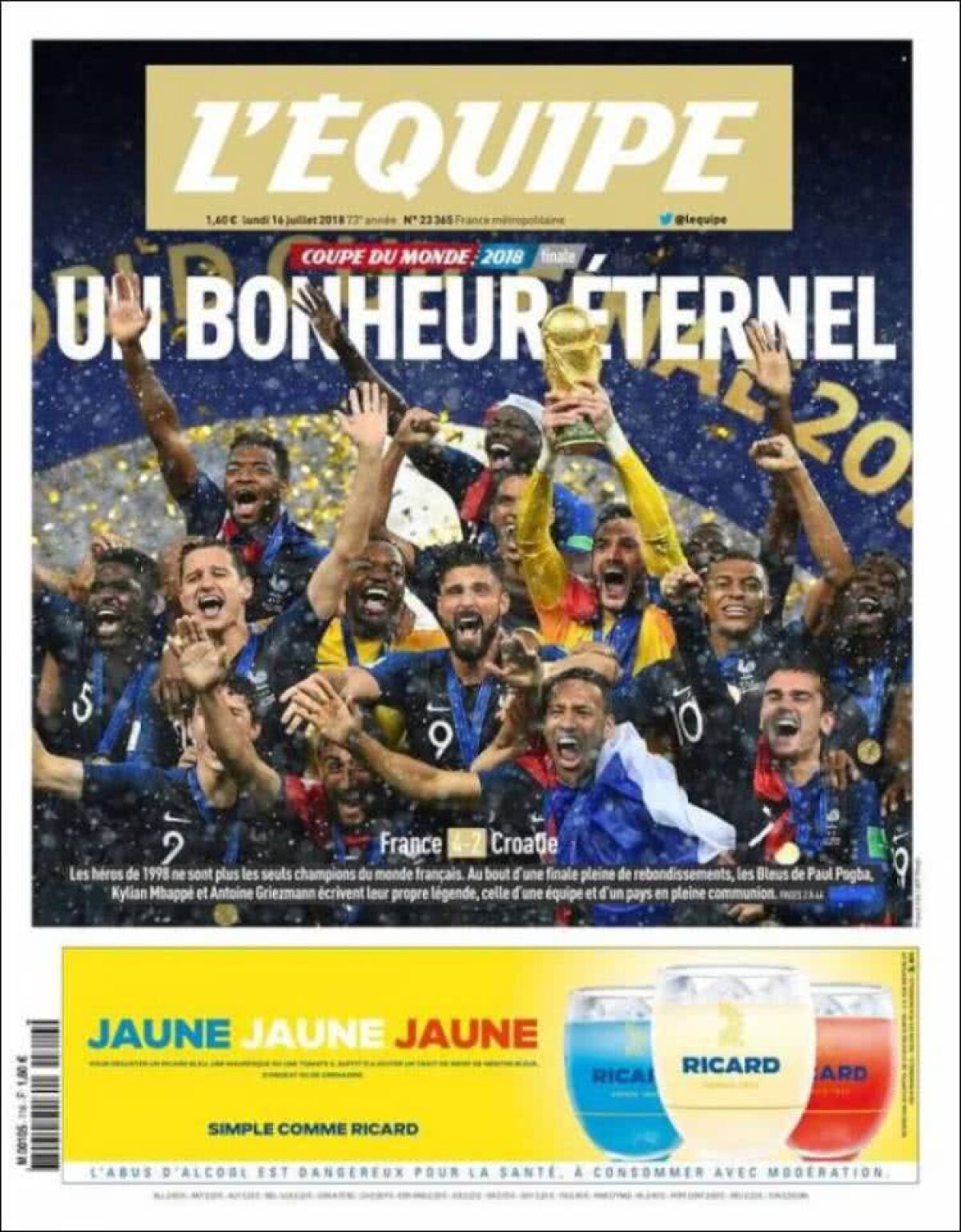 L'Équipe, al doilea ziar pentru titlul mondial » ”Pentru eternitate” în 1998, ”O fericire eternă” în 2018
