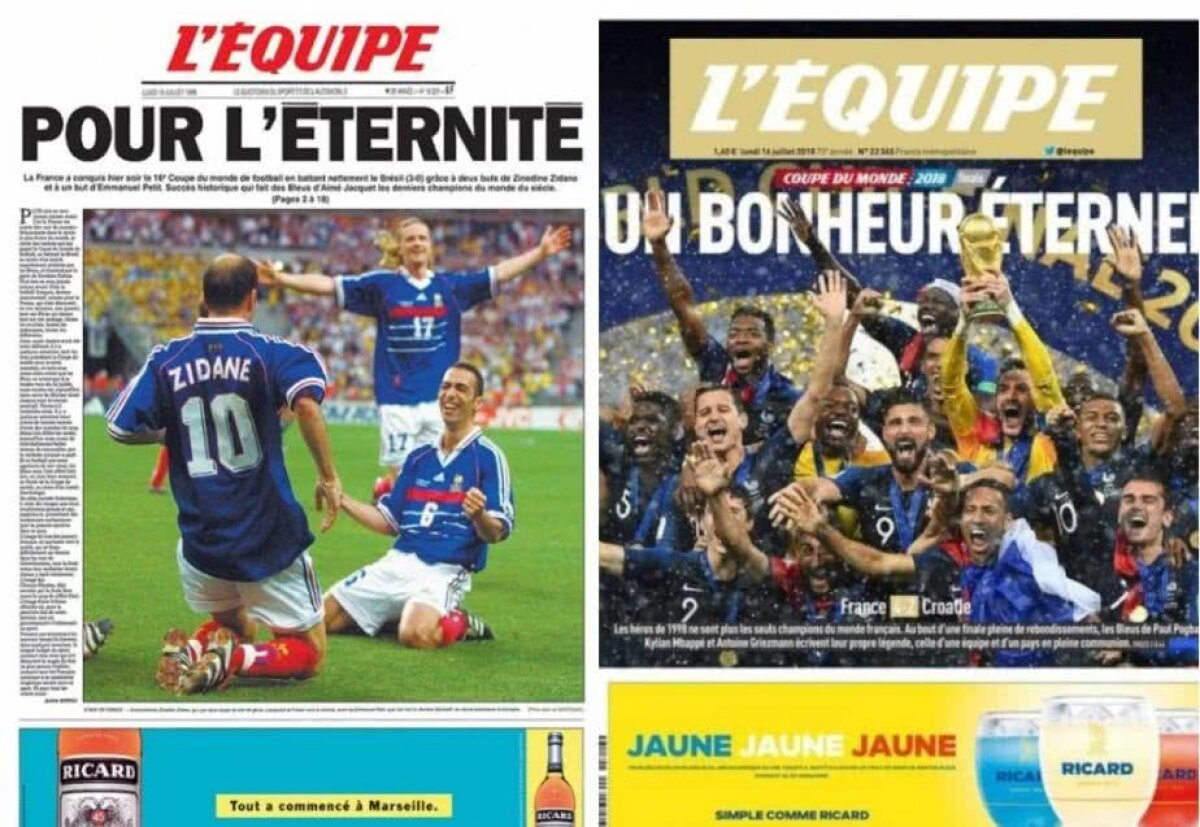 L'Équipe, al doilea ziar pentru titlul mondial » ”Pentru eternitate” în 1998, ”O fericire eternă” în 2018