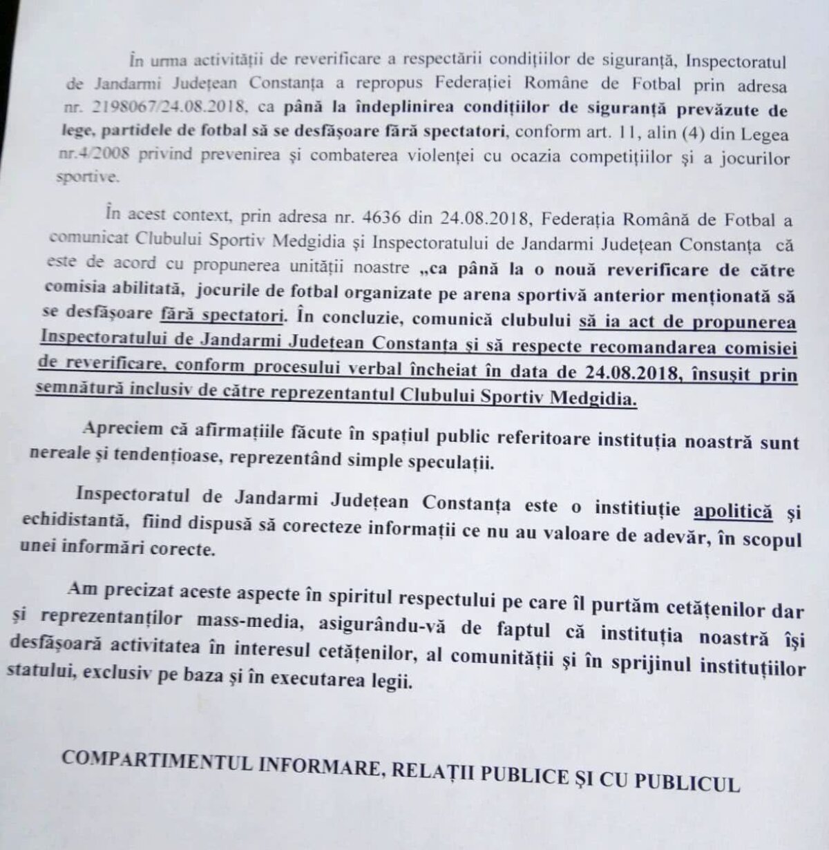 Ciudatul caz de la Medgidia » Echipa se va retrage din Liga a treia în semn de protest: "Instituţiile statului român au fost transformate în simple arme politice" + FRF susține poziția Jandarmeriei