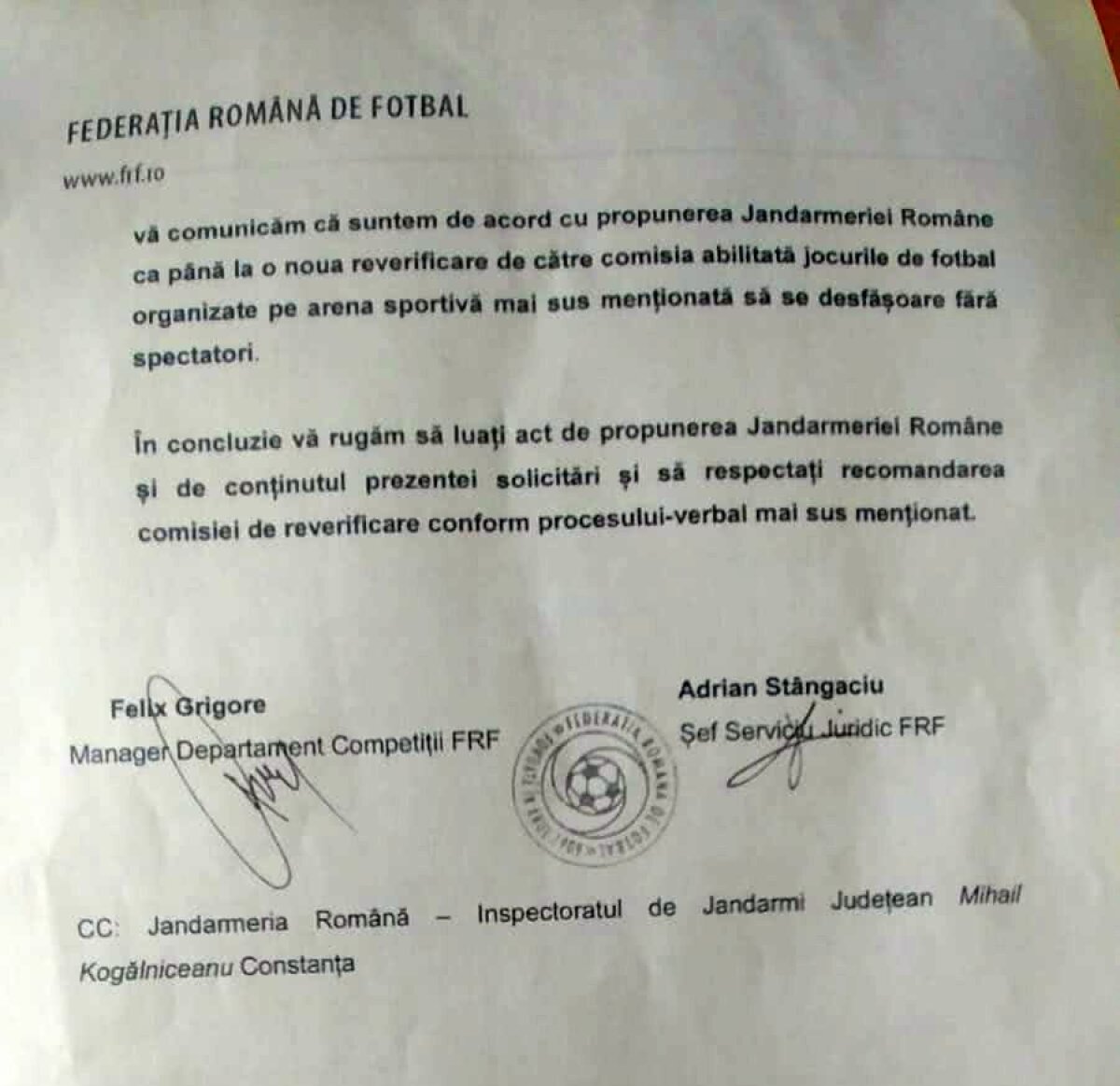 Ciudatul caz de la Medgidia » Echipa se va retrage din Liga a treia în semn de protest: "Instituţiile statului român au fost transformate în simple arme politice" + FRF susține poziția Jandarmeriei