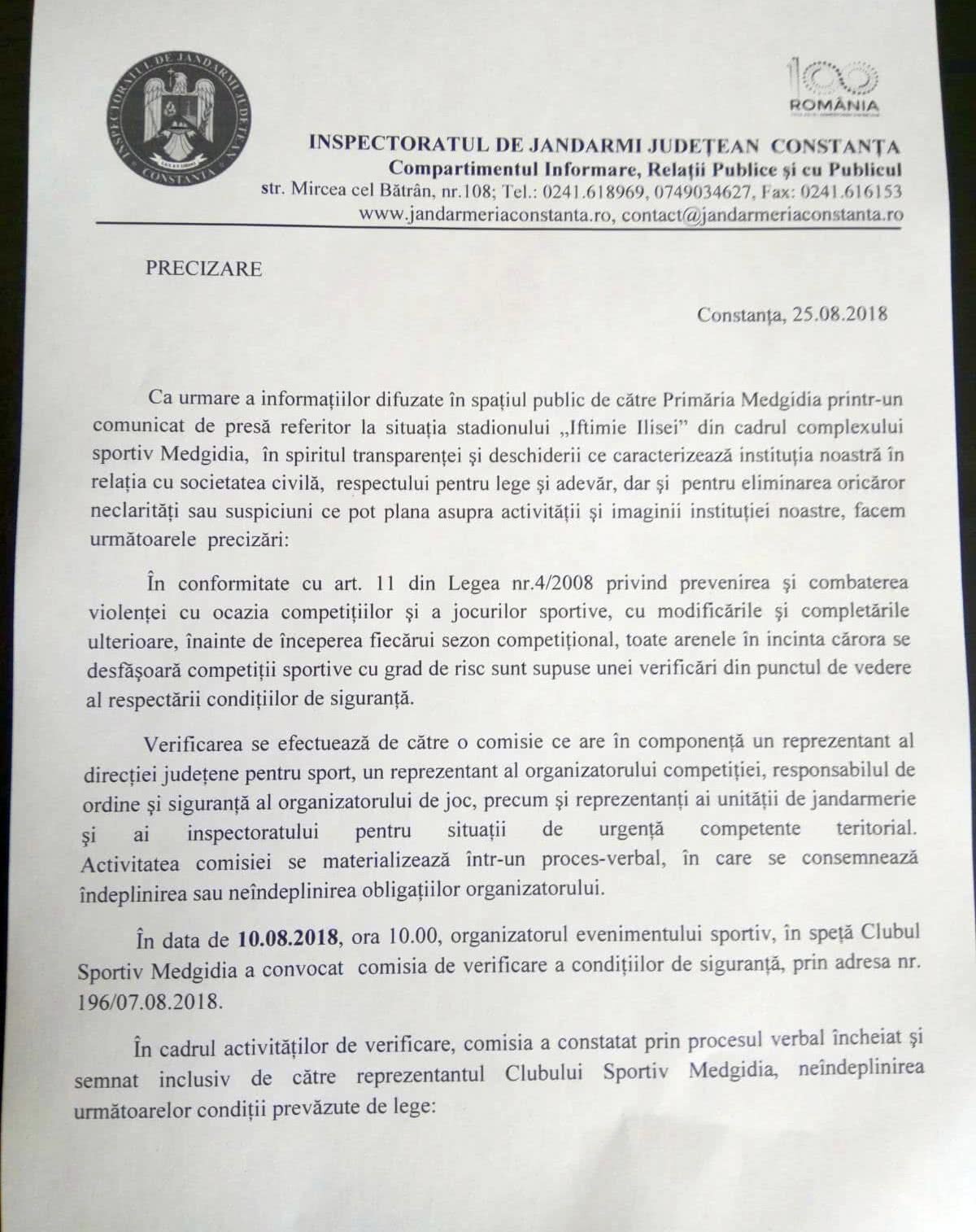 Ciudatul caz de la Medgidia » Echipa se va retrage din Liga a treia în semn de protest: "Instituţiile statului român au fost transformate în simple arme politice" + FRF susține poziția Jandarmeriei