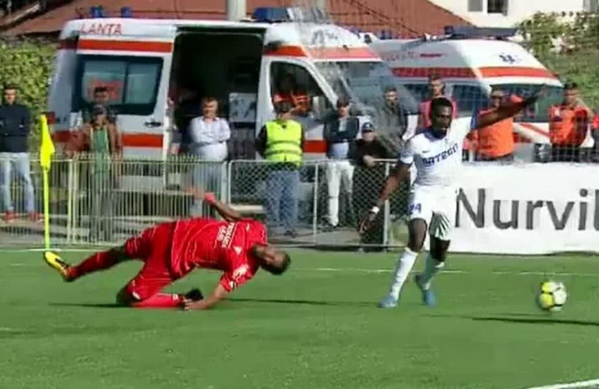 FOTO Accidentare horror la Pandurii - UTA! A fost împins de un adversar, a făcut henț și s-a ales și cu o lovitură teribilă 