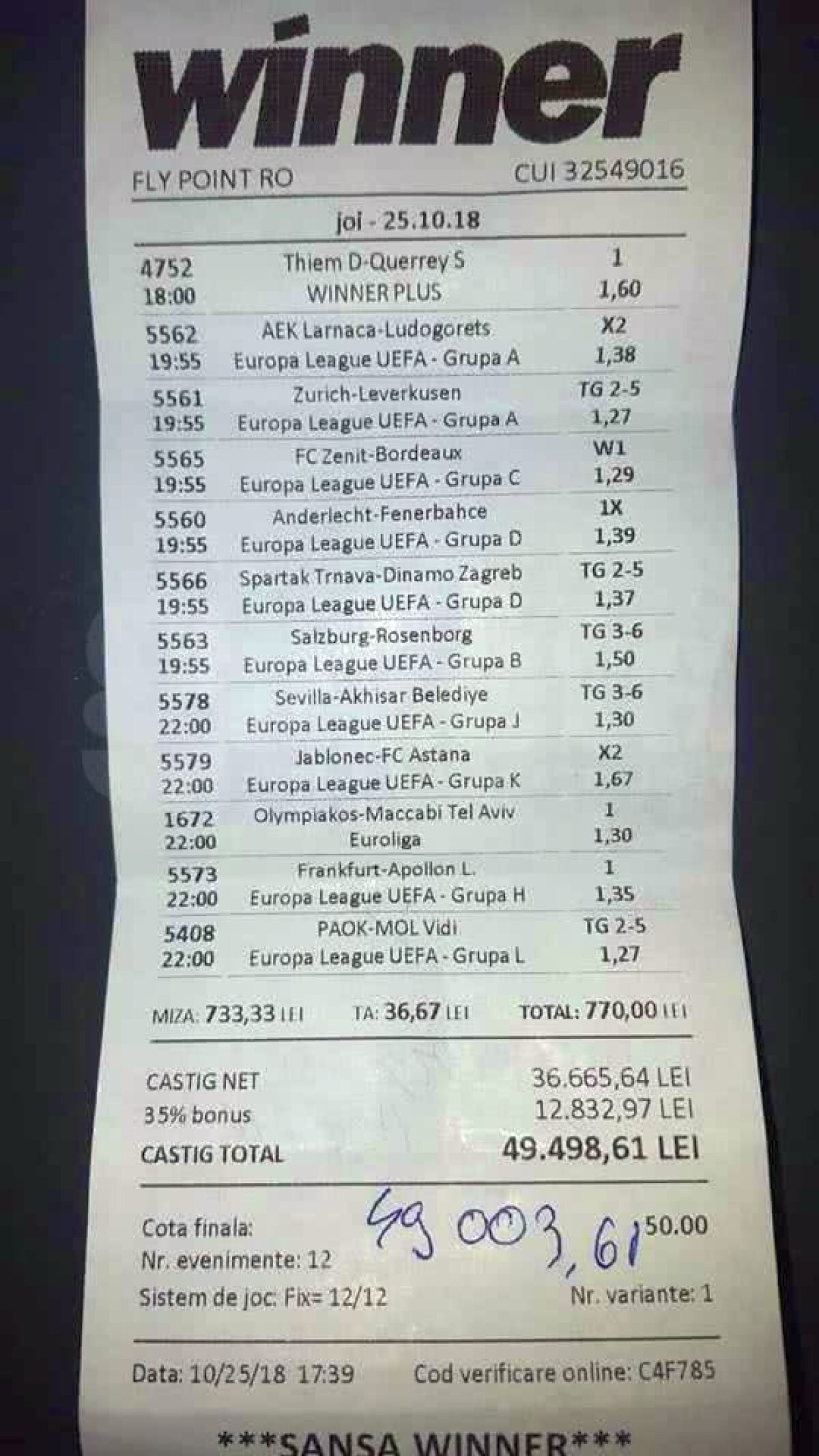 FOTO FACSIMIL S-a răsturnat carul cu bani! :) » Un parior din Caracal a dat lovitura: câștig FABULOS cu două bilete pe Europa League