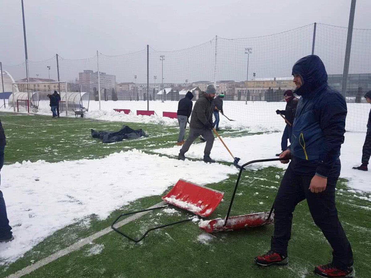 FOTO Suporterii lui ASU Poli Timișoara au deszăpezit terenul pentru jucători