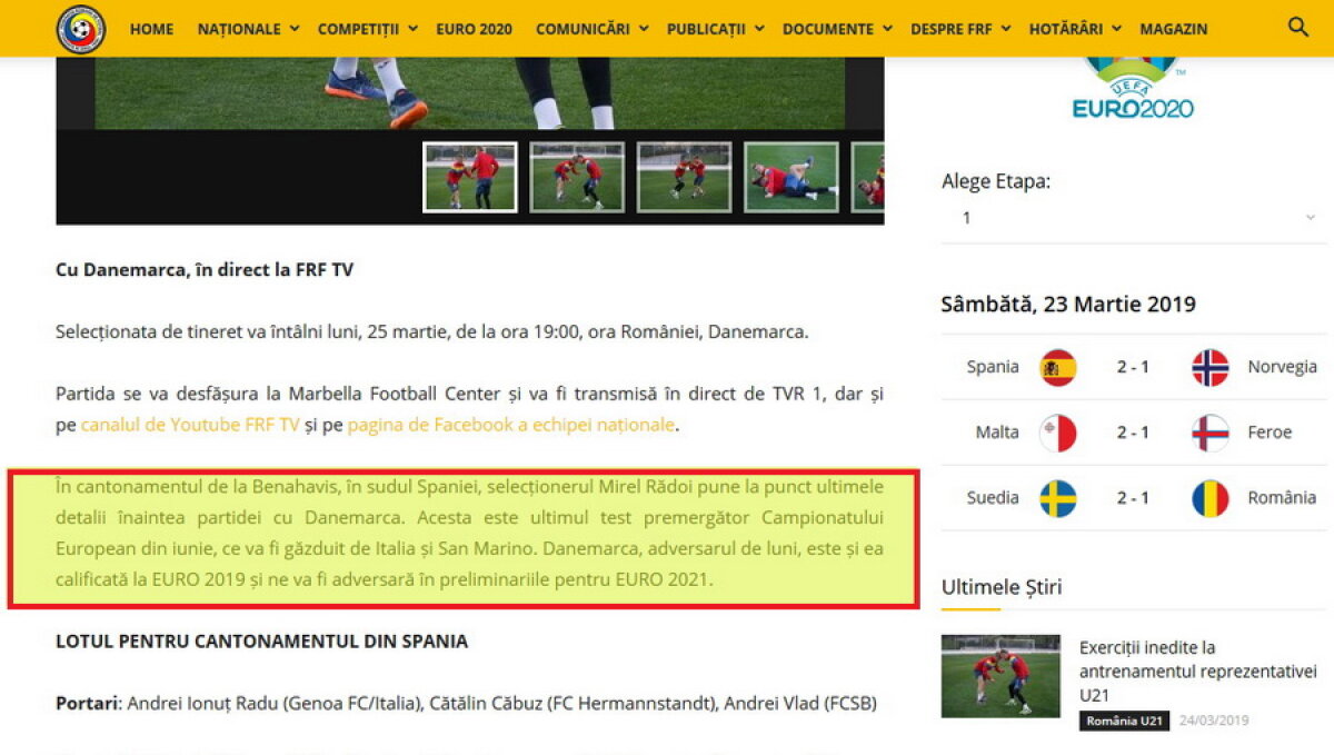 EXCLUSIV / UPDATE România nu joacă mâine cu Danemarca Under 21! Dezinformări pe site-ul FRF » Cum comentează federalii