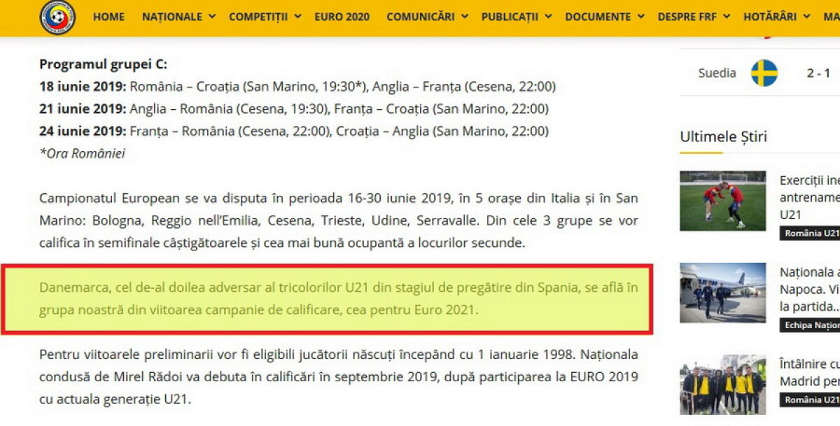 EXCLUSIV / UPDATE România nu joacă mâine cu Danemarca Under 21! Dezinformări pe site-ul FRF » Cum comentează federalii