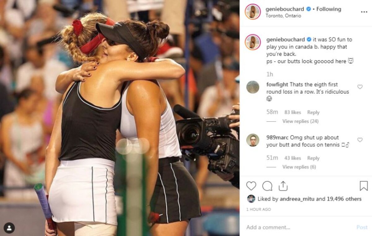 ROGERS CUP/ FOTO Eugenie Bouchard, încântată de o poză cu Bianca Andreescu: „Fundurile noastre arată bine aici”