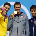 Un podium cu Lochte (aur), Pereira (argint) şi Hagino (bronz). Phelps aşteaptă o altă cursă pentru a lua medalie